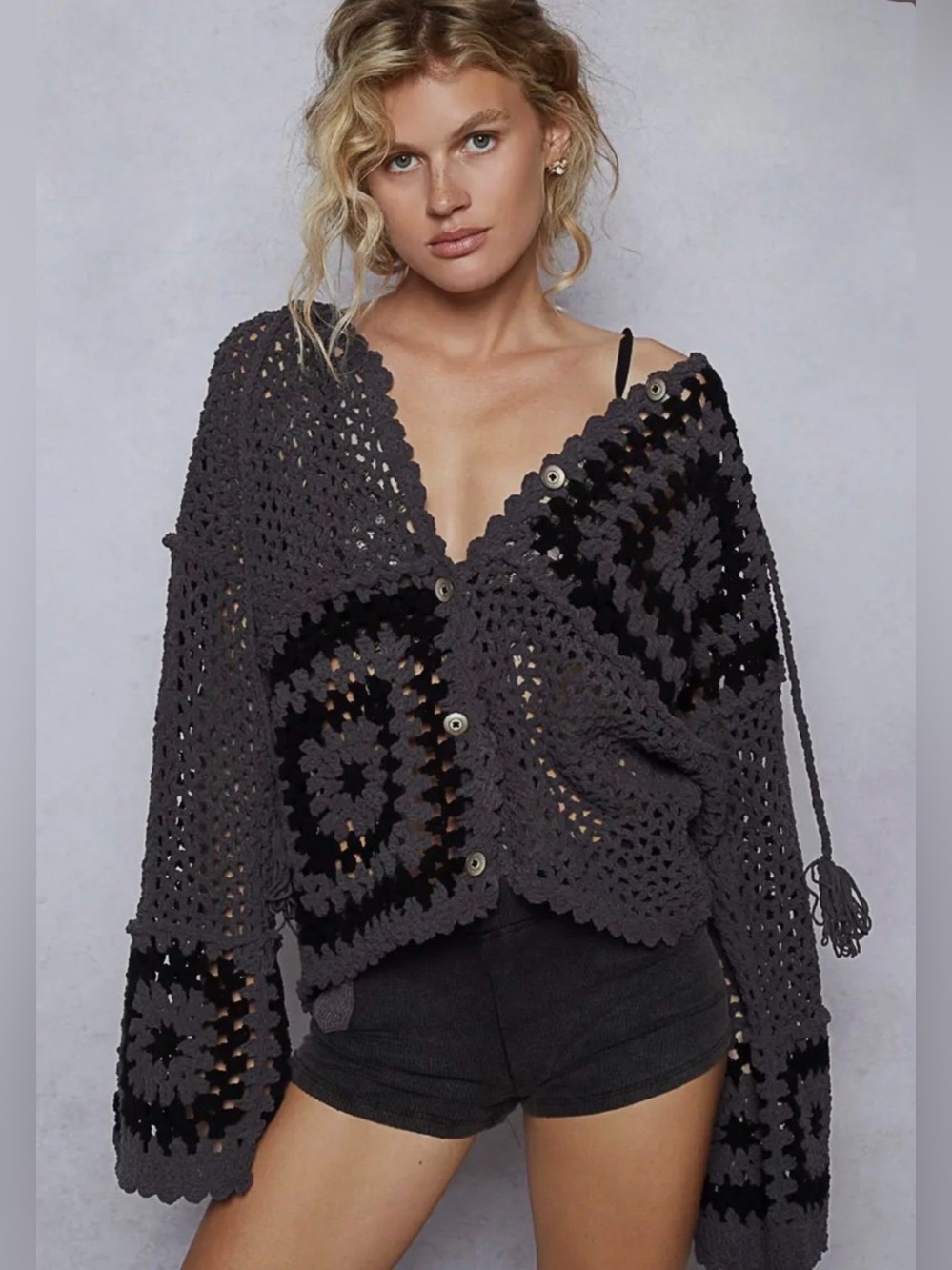 POL Charcoal Crochet Button-Front Women's Sweater Cardigan Size Large
